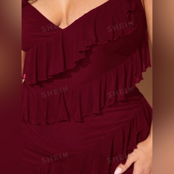 NWT & BAG SHEIN BAE Plus Size Women Ruffled Hem Slit Dress BURGUNDY - Picture 6 of 7